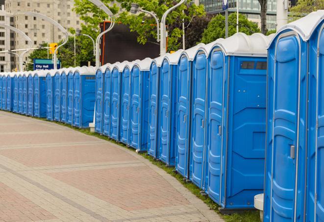 portable restrooms with sink and hand sanitizer stations, available at a festival in Green Bay, WI